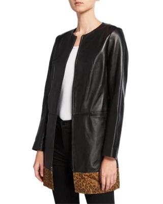Neiman Marcus Womens Leopard-Print Trim Long Leather Jacket Black Size XS  NWT - Image 1 of 4
