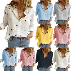 Womens Cotton Linen Shirts Tops Long Sleeve Button Up T Shirts Casual Blouse ^ - Picture 1 of 18