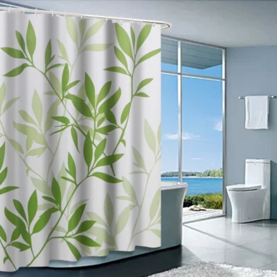 Bathroom Shower Curtain Curtains Leaves Printed Home Room Decor with Hooks Soft - Image 1 of 4
