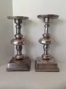 2 Pottery Barn Heavy Pewter SILVER PILLAR HOLDERS Rustic Candle Sticks - Picture 1 of 4