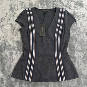 BCBG graue Bluse Schößchen Reißverschluss Cupärmel kleiner V-Ausschnitt gestreift "Monica" neu mit Etikett - Bild 1 von 15