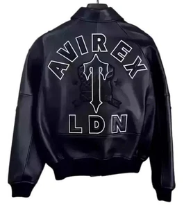 Men's Avirex Black Bomber USA Flight Jacket Faux Genuine Cowhide Leather Jacket - Picture 1 of 5