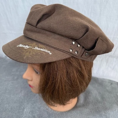 Harley-Davidson Mujer Marrón Newsboy Violinista Gorra Sombrero Bordado Logo Algodón Y2K Foto 1 de 4