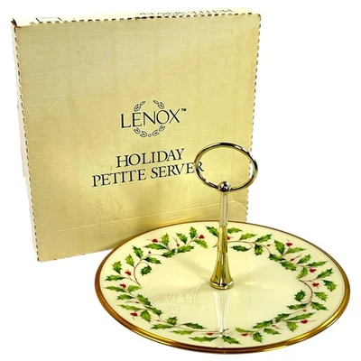 Vintage Lenox HOLIDAY PETITE SERVER Handle Holly Berries Gold Rim Porcelain Box - Image 1 of 4