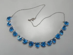 Vintage Art Deco 16,5" Halskette Sterlingsilber blau Kristall hinten offen Krappen Set - Bild 1 von 6