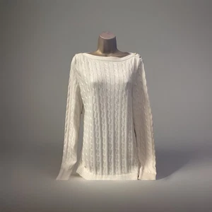 Lauren Ralph Lauren Cream Cable Knit Boat Neck Jumper Good Crest Buttons Sz XL - Picture 1 of 6