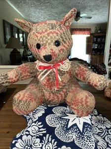 Primitive Handmade Vintage Bear Made Of Ant Coverlet 16”stuffed VeryFrim - Picture 1 of 9