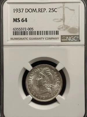 1937 Dominican Rep. 25 Centavos NGC MS64 Silver Coin First Issue Key Date J2 - Image 1 of 4