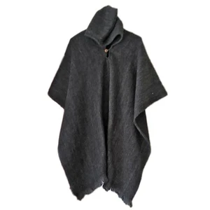 Black Llama Wool Mens Unisex Hooded Poncho Pullover Jacket Handwoven JEDI - Picture 1 of 2