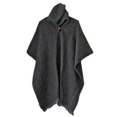 Black Llama Wool Mens Unisex Hooded Poncho Pullover Jacket Handwoven JEDI - Image 1 of 2