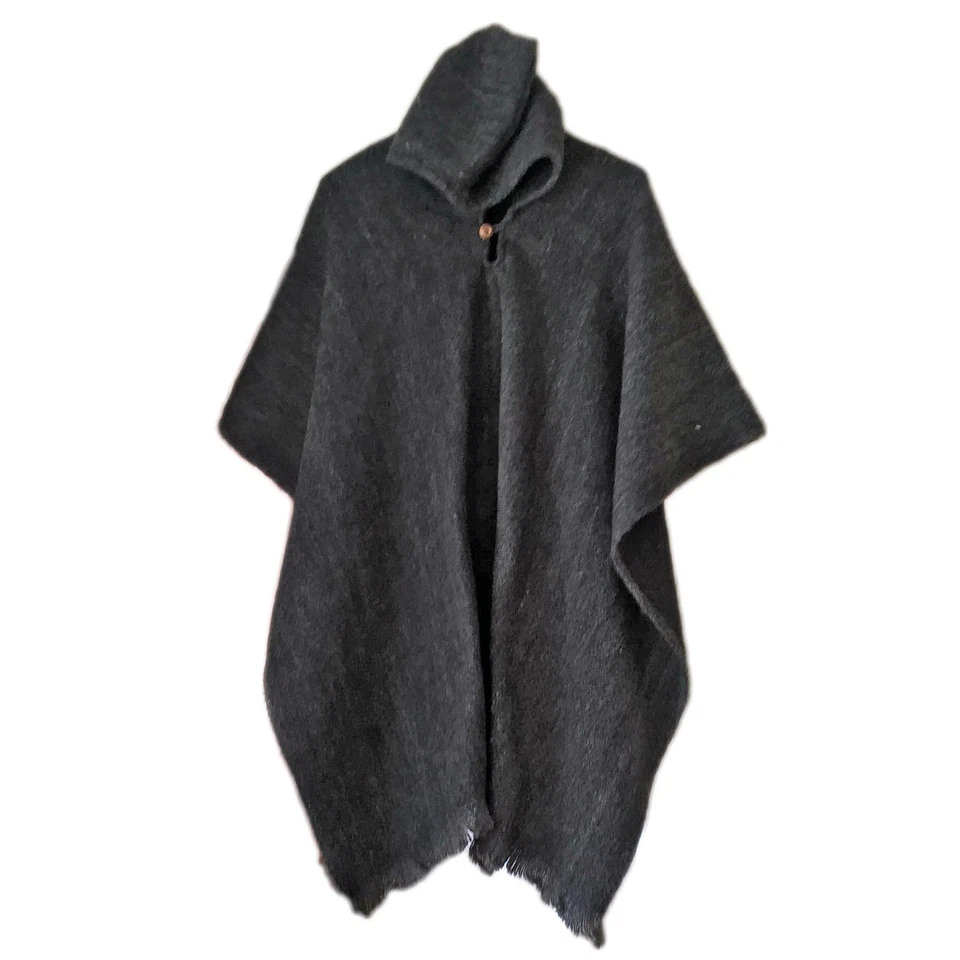 Black Llama Wool Mens Unisex Hooded Poncho Pullover Jacket Handwoven JEDI - Imagem 1 de 2