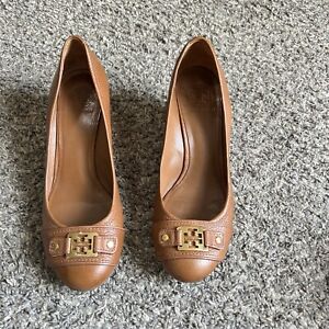 Tory Burch Ambrose Women's Brown Leather Wedge Pumps Heel Shoe Logo Size 10 M