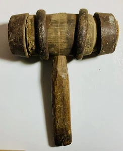 Antique Wood Wooden Mallet Hammer With Metal Brace Strapping Bands - Picture 1 of 12