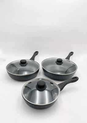 Set 3 Padelle Alte Nere Bavaria In Pietra Lavica Con Coperchi In Vetro Induzione - Immagine 1 di 4