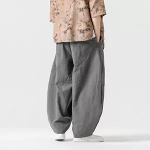 Men Loose Elastic Waisted Cotton Linen Pants Chinese Kung Fu Casual Trousers - Picture 1 of 15