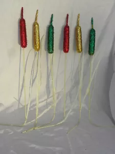 6 Vintage Red, Green & Gold Glitter Christmas Cattail Decorations/Floral Picks - Picture 1 of 10