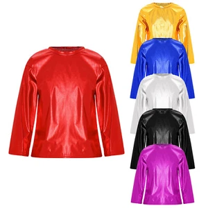 UK Kids Girls Jazz Dance Performance Tops Metallic Shiny Long Sleeve T-shirts - Picture 1 of 64