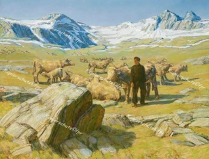 Erich Erler Samaden Engadin Hirte Alm Alpe Kühe Bergbauern Scholle Jugendstil - Bild 1 von 1
