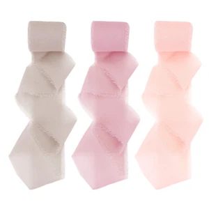 3Roll 1.5"x7Yd Handmade Fringe Chiffon Ribbon Dust Pink/Dark Red/Khaki - Picture 1 of 6