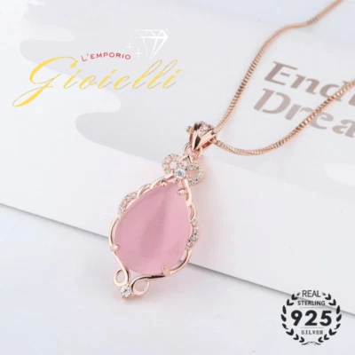 Collana Donna Quarzo Rosa Argento 925 Goccia Zirconi | Ciondolo Elegante Regalo - Immagine 1 di 4
