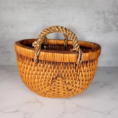 Vintage Hand Woven Oval Wicker Planter Basket With Handles 9.5" x 8.5" x 5" Cover