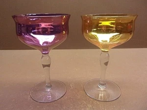 2 Vintage Cocktail Glasses Pastel Yellow/Orange & Pink/Purple Thin & Delicate! - Picture 1 of 6