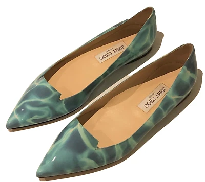 JIMMY CHOO ATTILA Pointed Toe Swimming Pool Print Blue Patent Ballet Flats US 9 - Image 1 of 4
