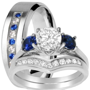 His & Her TRIO Lab Created Sapphire Engagement Ring Set for Couples 925 Silver - Picture 1 of 4