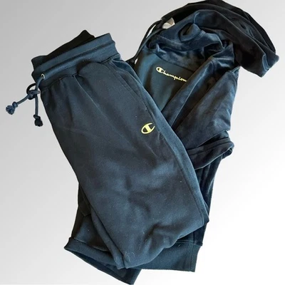 Champion Velour Trim Hoodie Sweatshirt Jogger Pants Set Size M Black Athletic - Image 1 of 4
