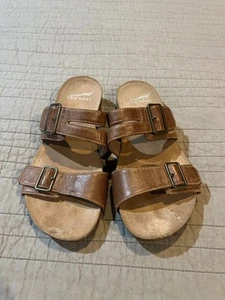 Women's DANSKO Rosie Leather Brown Buckle Cork Slip On Sandals Sz 36 / US 5.5-6 - Picture 1 of 5