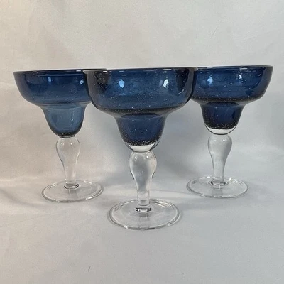 Artland Iris Slate Blue Margarita Glasses Set of 3 Hand Blown Bubble Stemware - Image 1 of 4