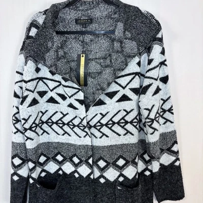 NWT Joseph A. Nordic Jacquard Open Front Long Cardigan Sweater Pockets Sz L Gray - Image 1 of 4