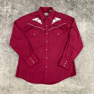 Ely Diamond Western Shirt Mens Large L Red Pearl Snap Embroidered Floral Yoke - Picture 1 of 14