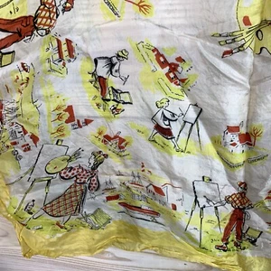 Vtg 50s Scarf Womens 33 in Children Painting Art Outside Yellow Roll Trim - Picture 1 of 12