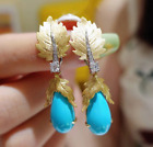 TURQUOISE NATURAL GEMSTONE LADIES ITALIAN GOLD FILLED DANGLE DROP EARRING 6CM L