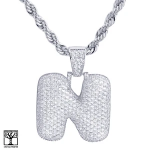 N Initiale versilbert individuell Blase Buchstabe Iced CZ Anhänger 24" Kette Halskette  - Bild 1 von 4