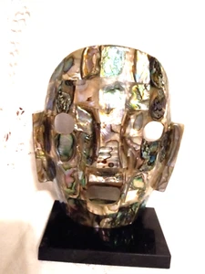 ABALONE Death Mask Vintage Mayan Aztec style Marble Base 5 7/8" h - Picture 1 of 4