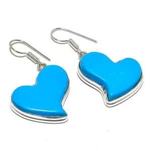 Hearts - Sleeping Beauty Turquoise Gemstone 925 Sterling Silver Earring 1.6" A37 - Picture 1 of 7