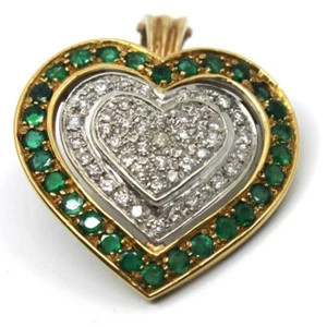 18k Solid Yellow Gold Emerald & Diamond Gold Full Heart Pendant Vintage - Picture 1 of 12