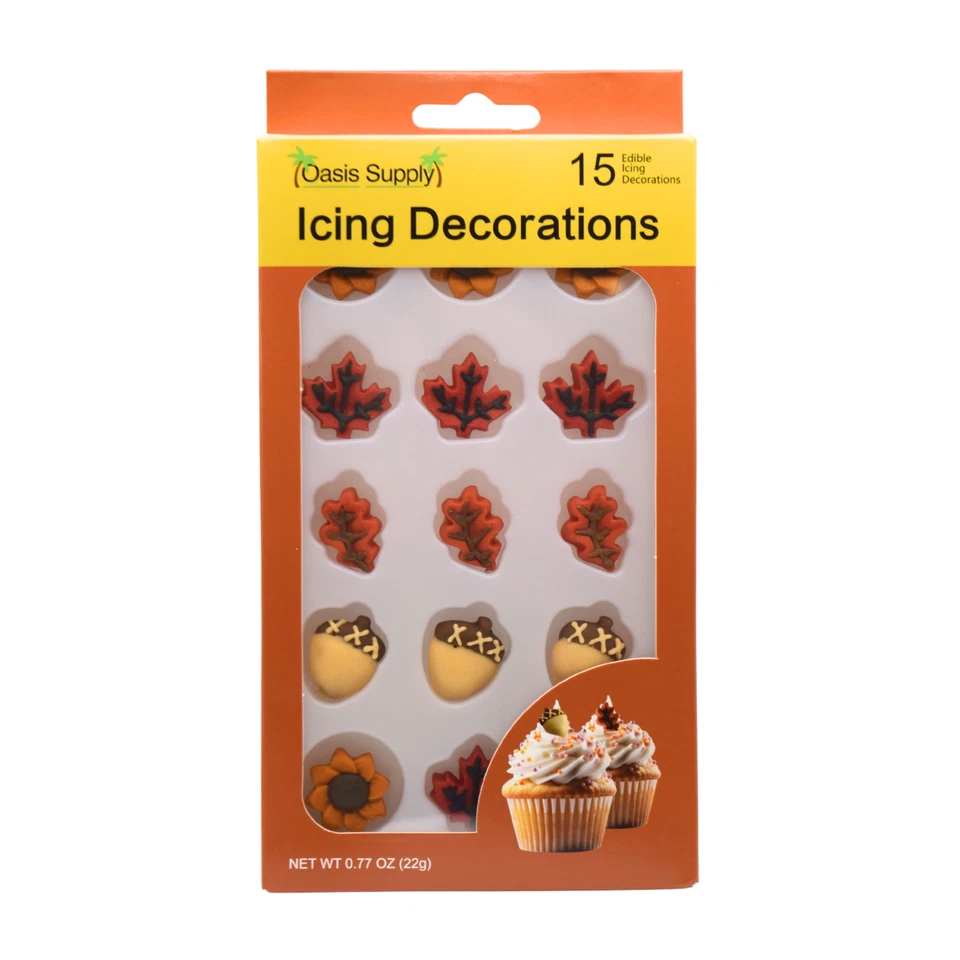 OASIS SUPPLY Thanksgiving Edible Cupcake Toppers - 15 Count Assorted Leaves and Acorn