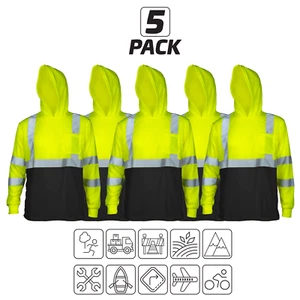5 Hi Vis T Shirt hoodie ANSI Class 3 Type R Reflective Safety Long Sleeve - Picture 1 of 26