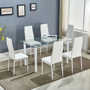 WHITE DINING TABLE AND 6 WHITE CHAIRS KITCHEN GLASS TABLE SET FOR 6 - Picture 1 of 9