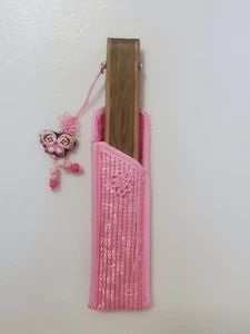 Korean Traditional Bamboo Print Hand Fan w/ Case & Tassel PINK - US Seller - Picture 1 of 4
