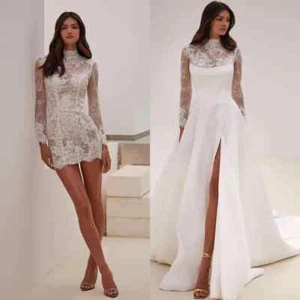 A-Line 2Pieces High Neck Lace Wedding Dresses Illusion Long Sleeves Bridal Gowns - Picture 1 of 10