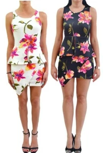 Damen Frauen Schößchen Blumen Kleid Bodycon Creme und Schwarz Weiches Material - Bild 1 von 17