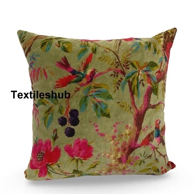 Green Bird Velvet Cushion Cover Pillow Throw Ethnic Indien Handmade cover US - Image 1 of 4