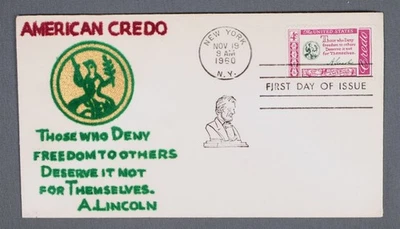 MayfairStamps US FDC 1960 New York Velveteen Abraham Lincoln Credo First Day Cov - Image 1 of 2