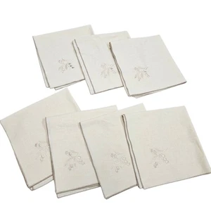 Vintage Embroidered Linen Napkins Set of 7 Lily of the Valley Floral Tan Beige - Picture 1 of 5