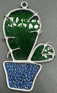 Vintage Kaktus Sonnenfänger Glas gelötet grün blau silber Südwest Land Fenster - Bild 1 von 11