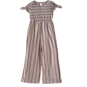 Girls Striped Jumpsuit Romper Bow Tie Sleeves pink Size M (7-8)  - Picture 1 of 9
